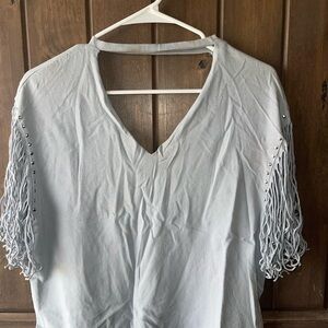 Light Blue Fringe Sleeve Women's Top